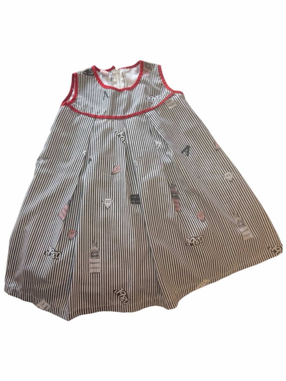 Striped Sleeveless Cotton Dress with Red Trim 3T